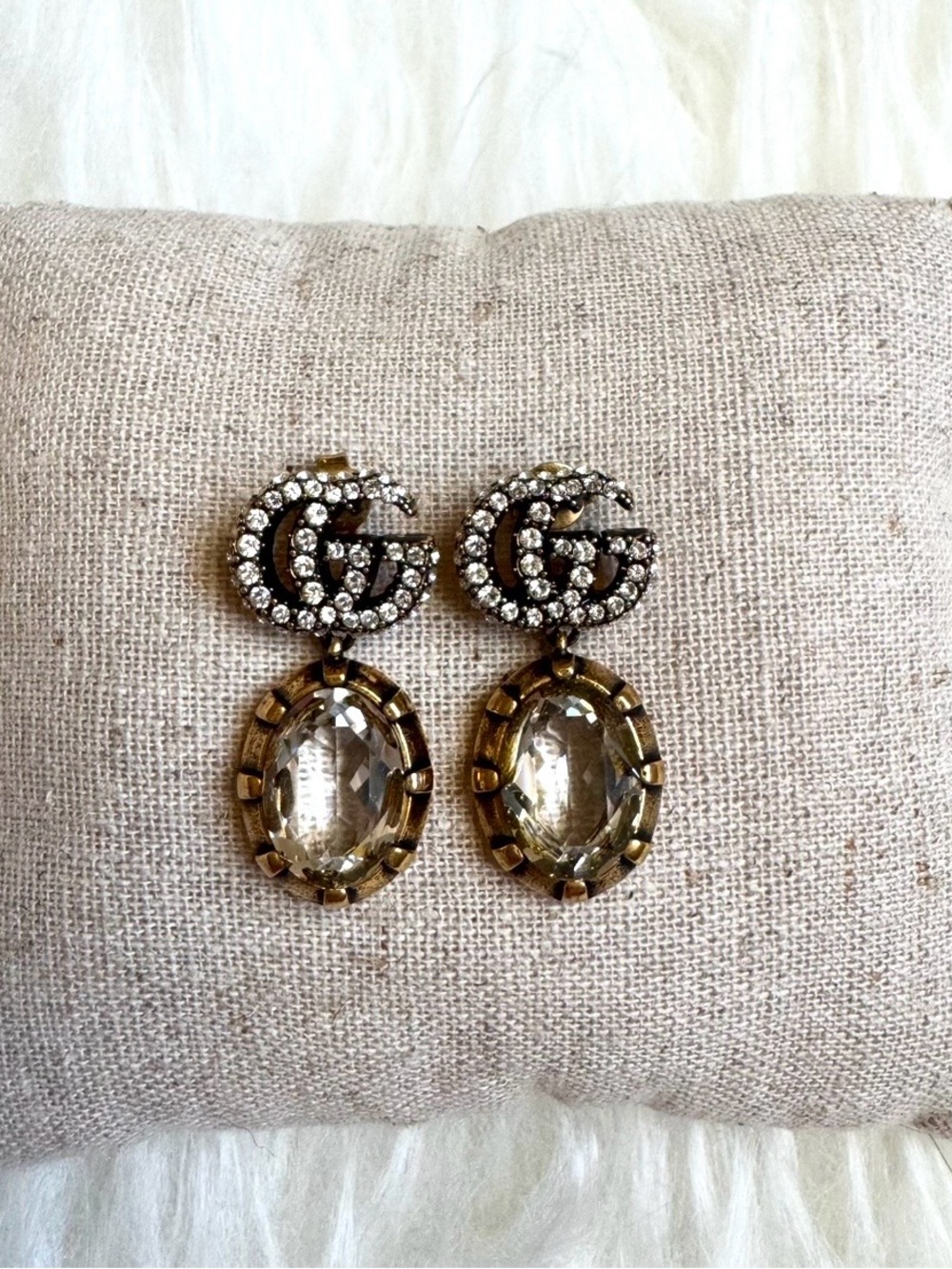 Gucci Earrings Gold-Tone GG Crystal Drop with Clear Stones NWT
